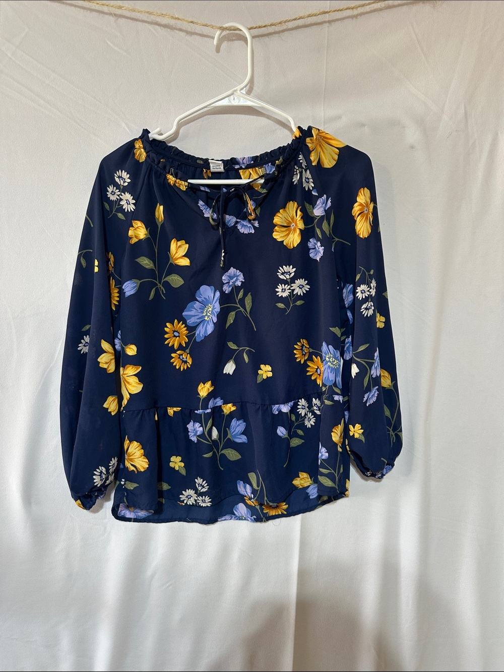 Women’s Navy Floral Peasant Blouse - Yellow & Blue Flowers 0080